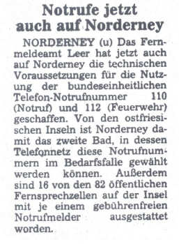 Die Feuerwehr hat ab 1984 eine neue Rufnummer: 1300