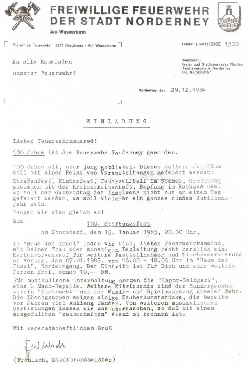100 Jahre Feuerwehr Norderney - 1985
