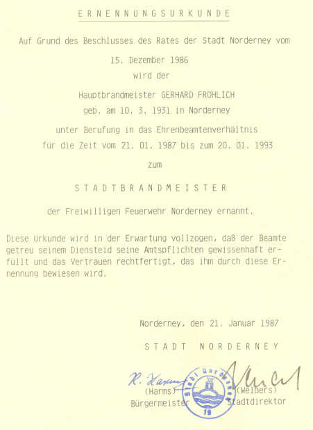 2. Amtszeit von Wehrführer Gerhard Fröhlich - 18.11.1986 2. Amtszeit von Wehrführer Gerhard Fröhlich - 18.11.1986