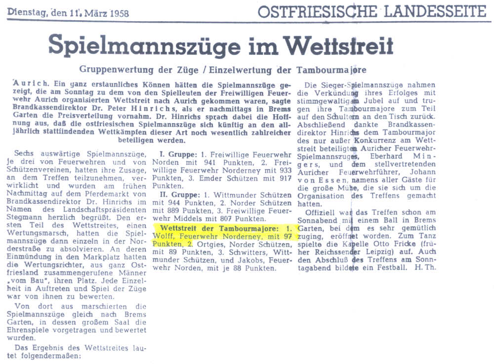 Wilhelm Wolff ist bester Tambourmajor von Ostfriesland - 10.03.1958